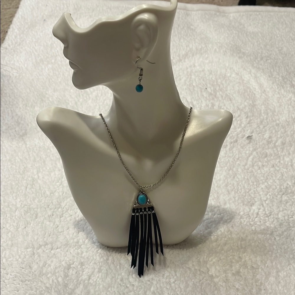 Turquoise and Black Fringe Necklace with Earrings